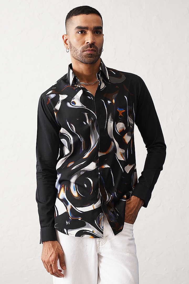 Black Cotton Printed Shirt by SEVENDC MEN at Pernia's Pop Up Shop