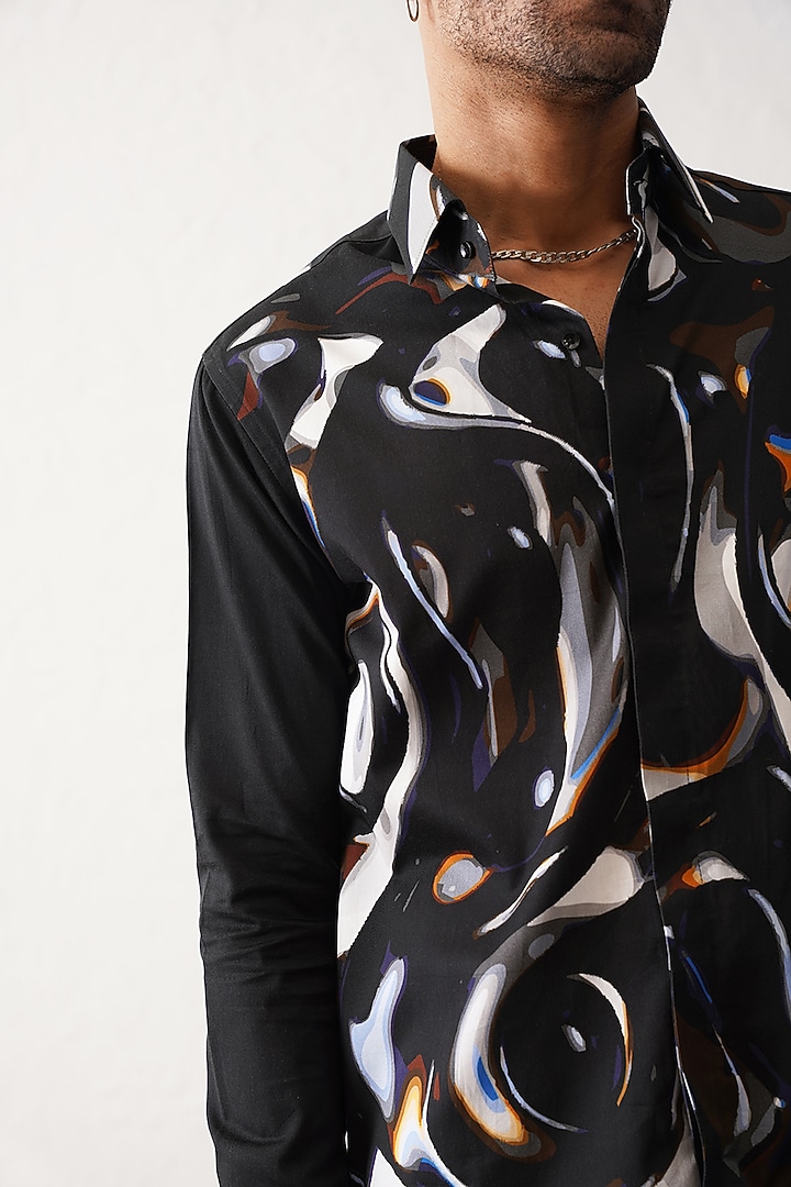 Black Cotton Printed Party Wear Shirt by SEVENDC MEN at Pernia's Pop Up Shop