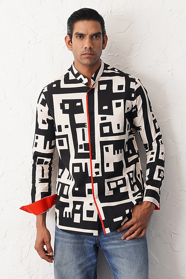 Black & White Cotton Printed Shirt by SEVENDC MEN at Pernia's Pop Up Shop