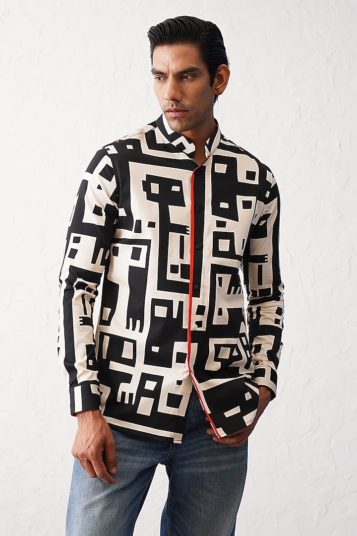 Black & White Cotton Printed Party Wear Shirt by SEVENDC MEN at Pernia's Pop Up Shop
