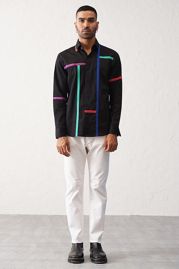Black Cotton Striped Party Wear Shirt by SEVENDC MEN at Pernia's Pop Up Shop