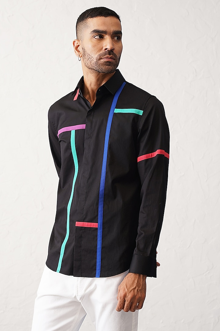 Black Cotton Striped Shirt by SEVENDC MEN at Pernia's Pop Up Shop