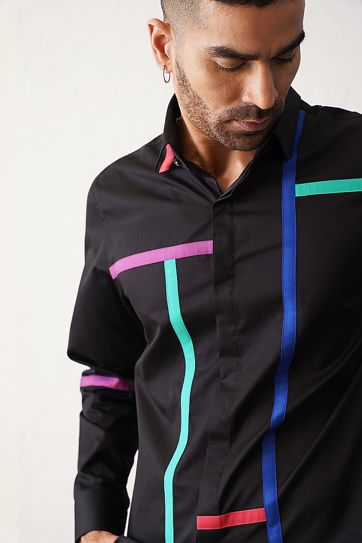 Black Cotton Striped Party Wear Shirt by SEVENDC MEN at Pernia's Pop Up Shop