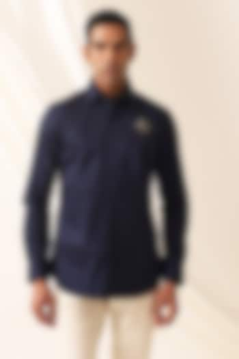 Blue Cotton Motif Embroidered Shirt by SEVENDC MEN at Pernia's Pop Up Shop