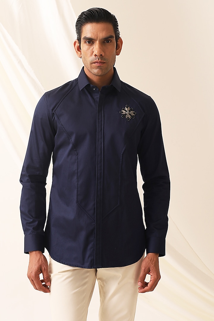 Blue Cotton Motif Embroidered Shirt by SEVENDC MEN at Pernia's Pop Up Shop