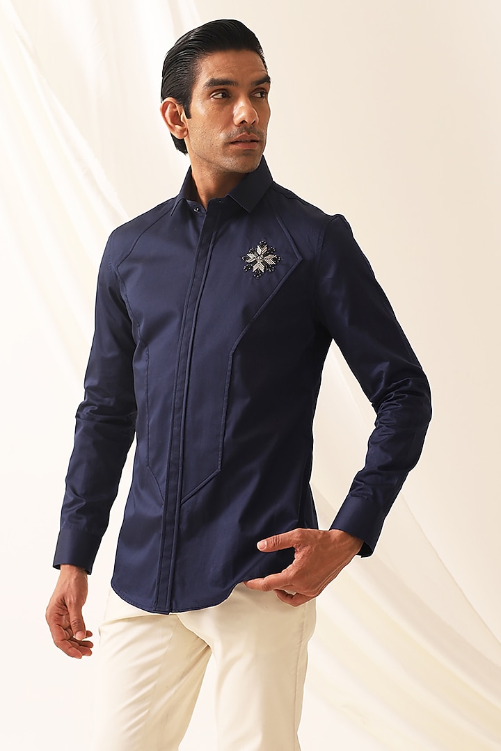 Blue Cotton Motif Embroidered Party Wear Shirt by SEVENDC MEN at Pernia's Pop Up Shop
