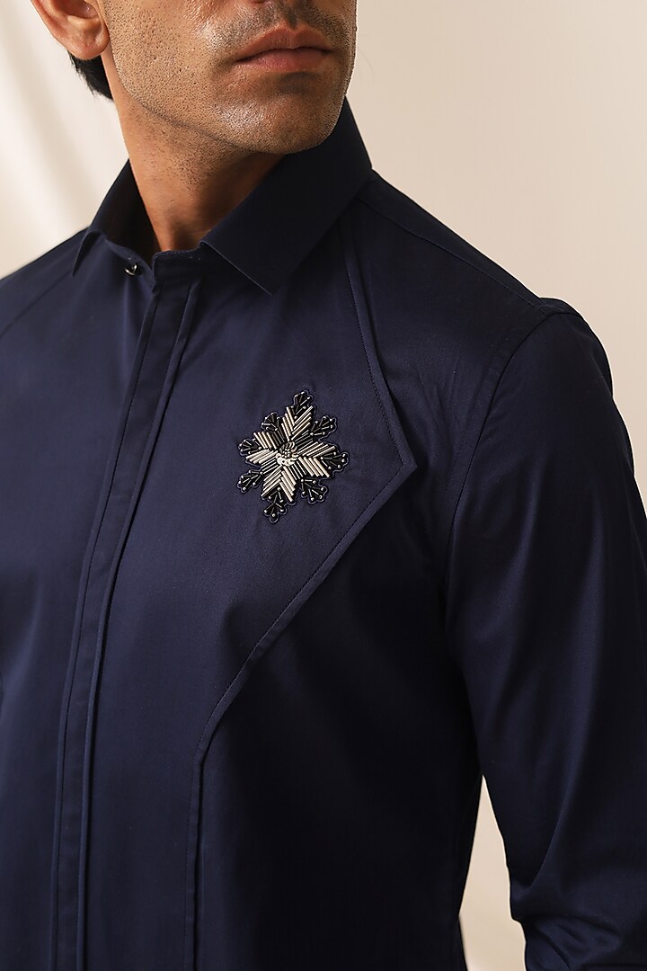 Blue Cotton Motif Embroidered Party Wear Shirt by SEVENDC MEN at Pernia's Pop Up Shop