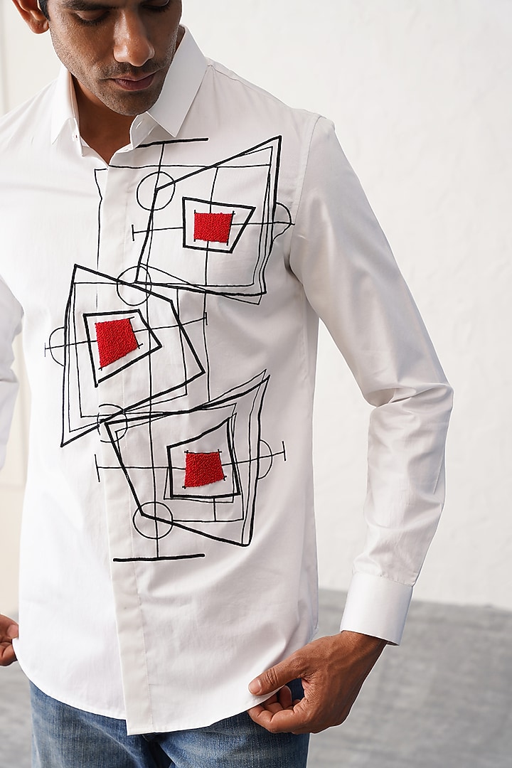 White Cotton Motif Party Wear Shirt by SEVENDC MEN at Pernia's Pop Up Shop