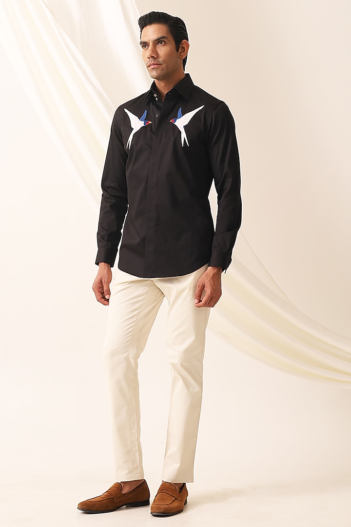 Black Cotton Bird Motif Party Wear Shirt by SEVENDC MEN at Pernia's Pop Up Shop