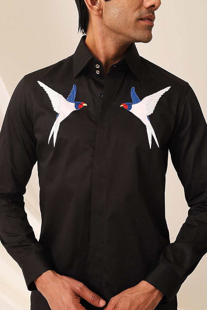 Black Cotton Bird Motif Party Wear Shirt by SEVENDC MEN at Pernia's Pop Up Shop