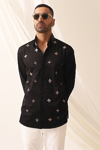 Black Cotton Diamond Shirt by SEVENDC MEN
