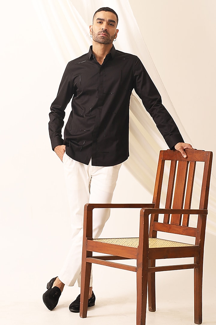Black Cotton Embroidered Party Wear Shirt by SEVENDC MEN at Pernia's Pop Up Shop