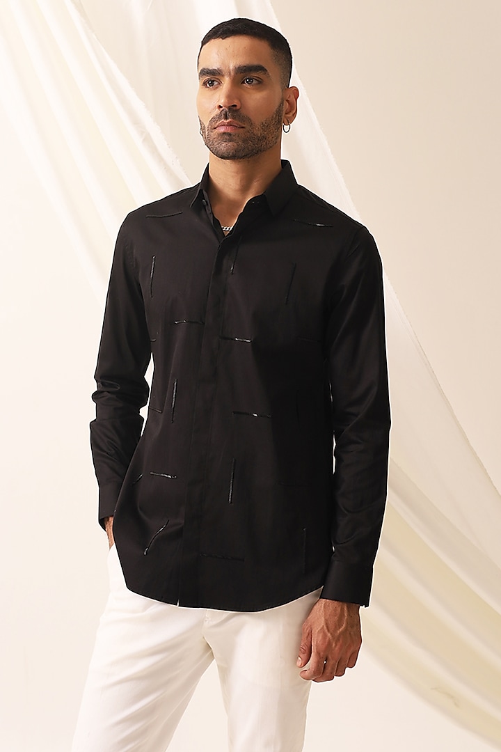 Black Cotton Embroidered Shirt by SEVENDC MEN