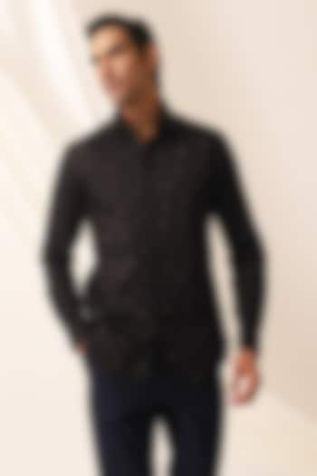 Black Cotton Textured Embroidered Shirt by SEVENDC MEN at Pernia's Pop Up Shop