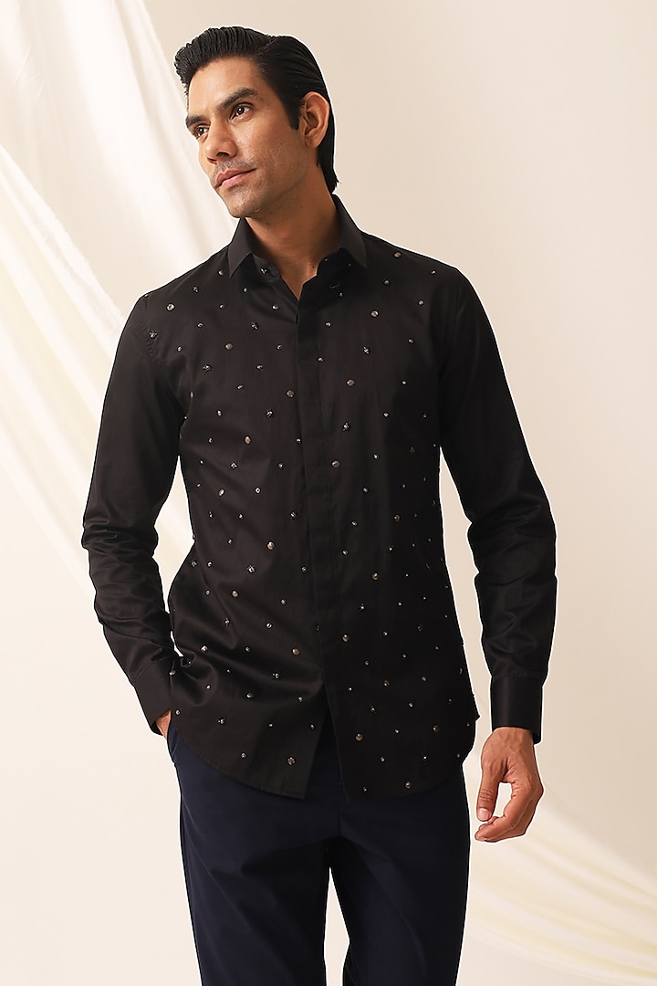 Black Cotton Textured Embroidered Shirt by SEVENDC MEN at Pernia's Pop Up Shop