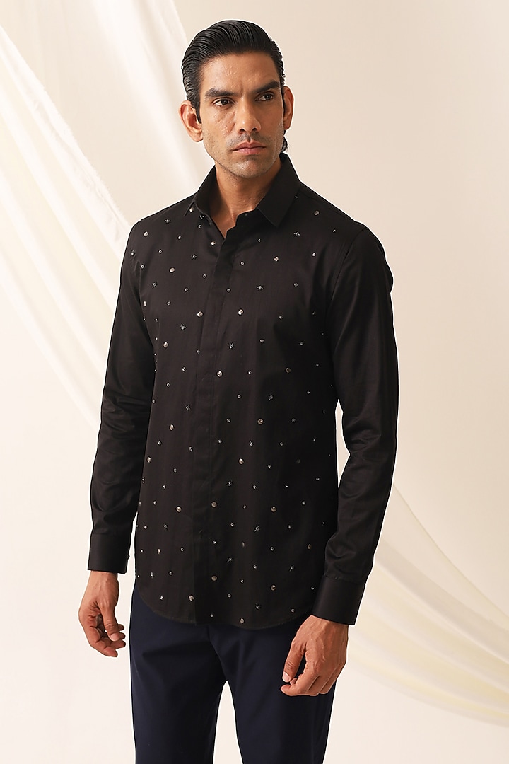 Black Cotton Textured Embroidered Party Wear Shirt by SEVENDC MEN at Pernia's Pop Up Shop