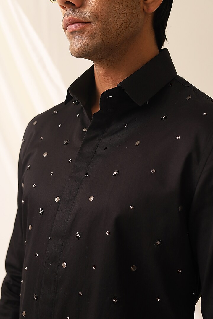 Black Cotton Textured Embroidered Party Wear Shirt by SEVENDC MEN at Pernia's Pop Up Shop