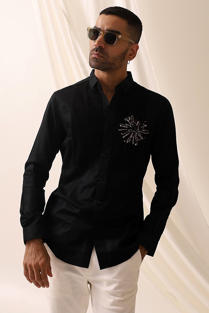 Black Cotton 3D Motif Embroidered Shirt by SEVENDC MEN at Pernia's Pop Up Shop