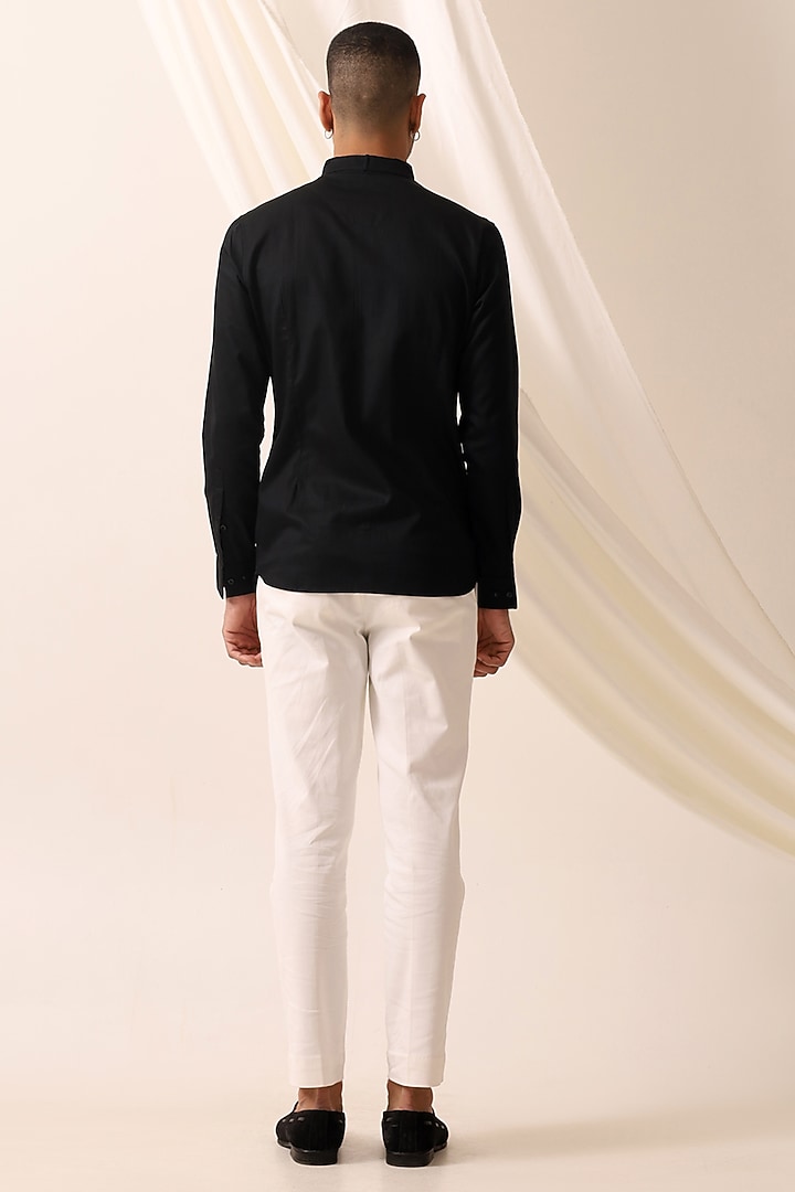Black Cotton 3D Motif Embroidered Party Wear Shirt by SEVENDC MEN at Pernia's Pop Up Shop