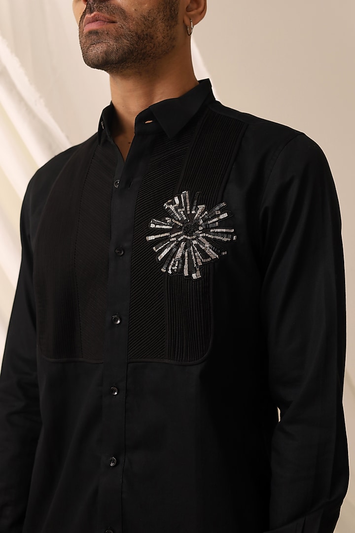Black Cotton 3D Motif Embroidered Party Wear Shirt by SEVENDC MEN at Pernia's Pop Up Shop