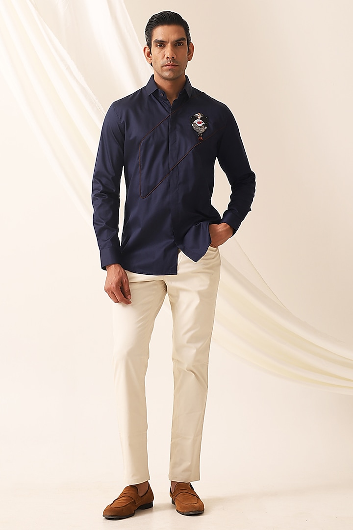 Blue Cotton Motif Party Wear Shirt by SEVENDC MEN at Pernia's Pop Up Shop