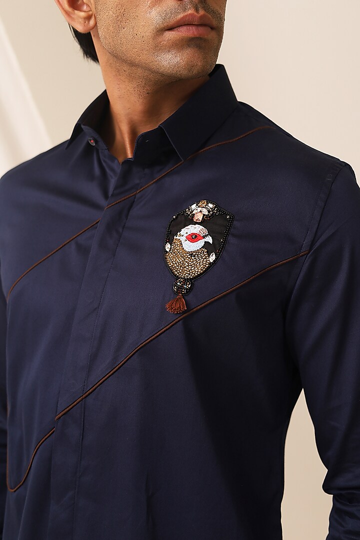 Blue Cotton Motif Party Wear Shirt by SEVENDC MEN at Pernia's Pop Up Shop