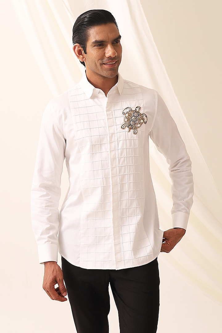 White Cotton Turtle Motif Shirt by SEVENDC MEN