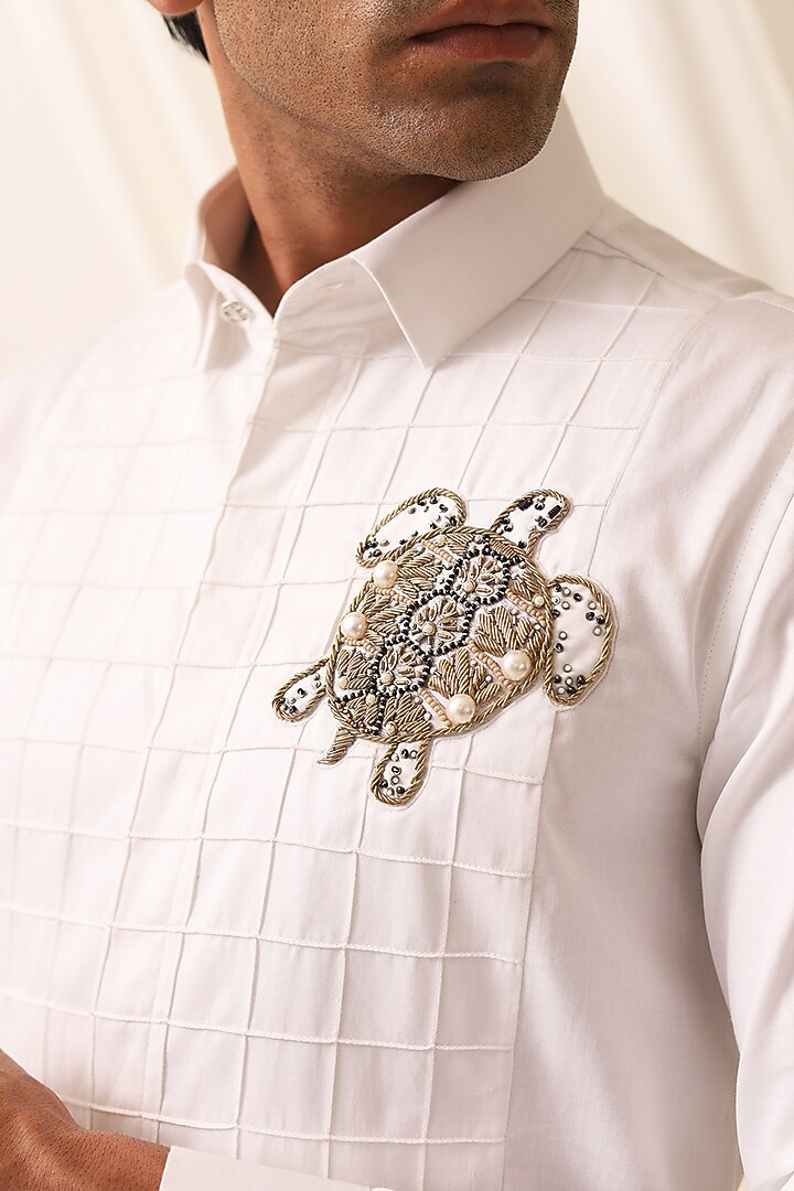 White Cotton Turtle Motif Party Wear Shirt by SEVENDC MEN at Pernia's Pop Up Shop