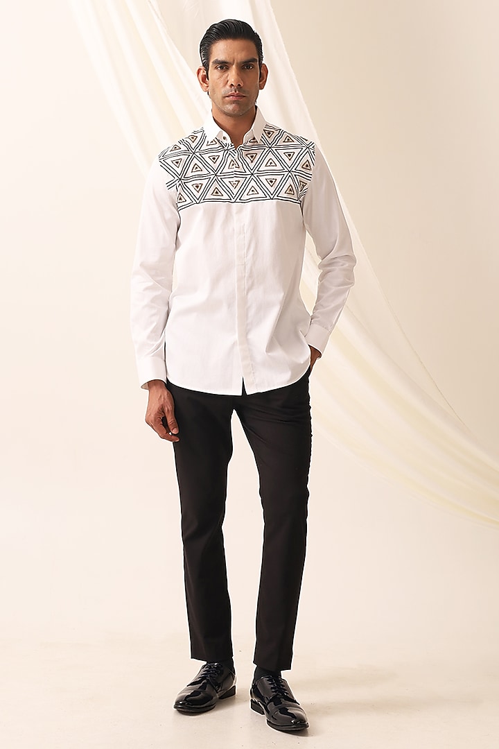 White Cotton Abstract Embroidered Party Wear Shirt by SEVENDC MEN at Pernia's Pop Up Shop