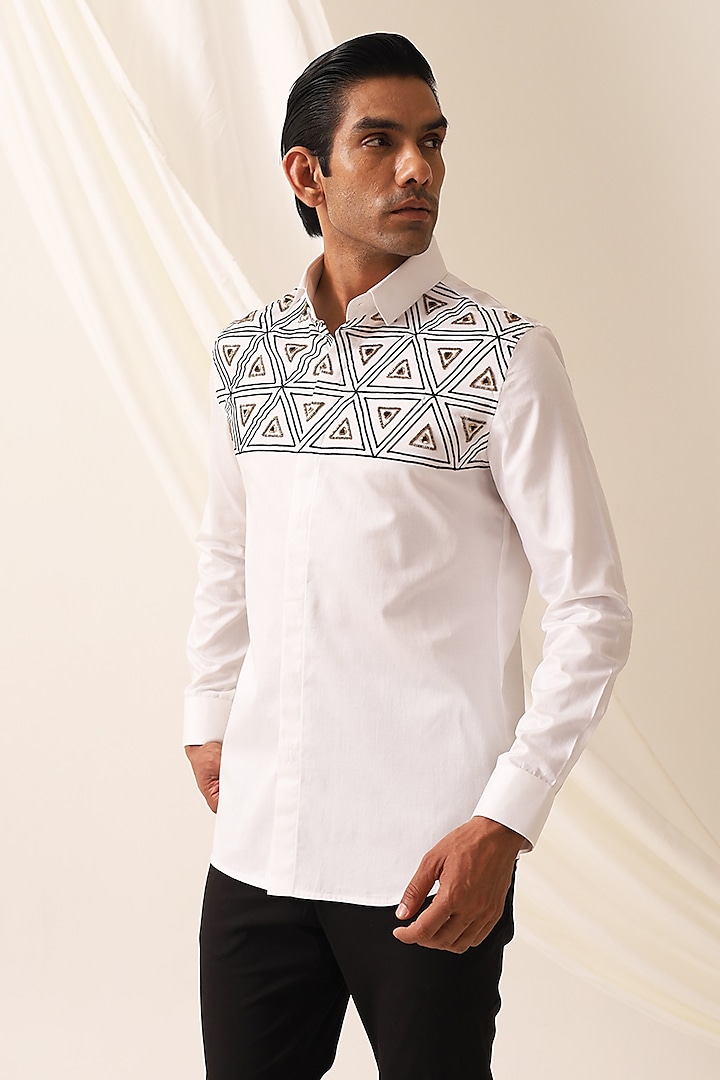 White Cotton Abstract Embroidered Shirt by SEVENDC MEN