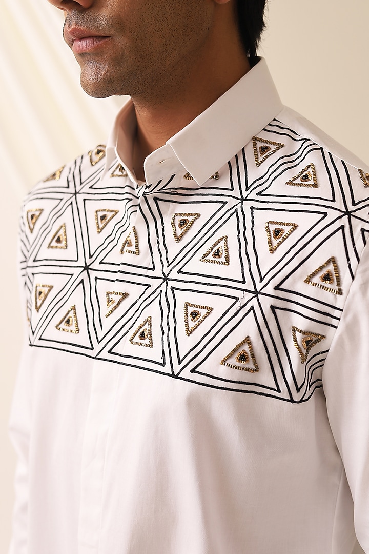 White Cotton Abstract Embroidered Party Wear Shirt by SEVENDC MEN at Pernia's Pop Up Shop