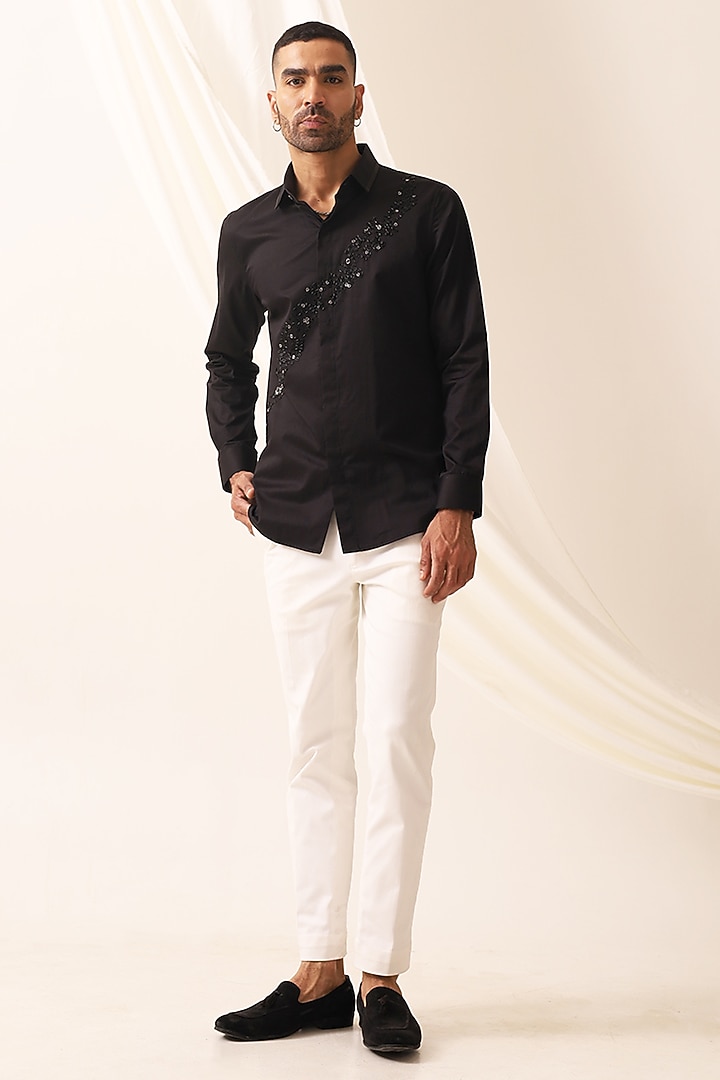 Black Cotton Hand Embroidered Party Wear Shirt by SEVENDC MEN at Pernia's Pop Up Shop
