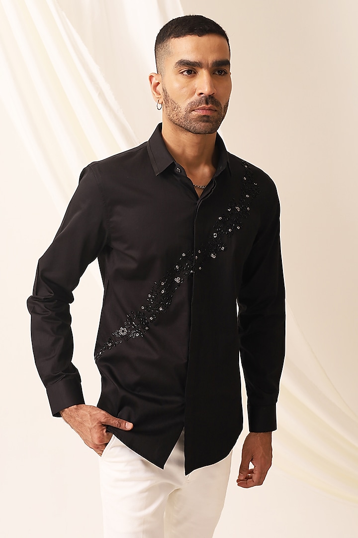 Black Cotton Hand Embroidered Shirt by SEVENDC MEN