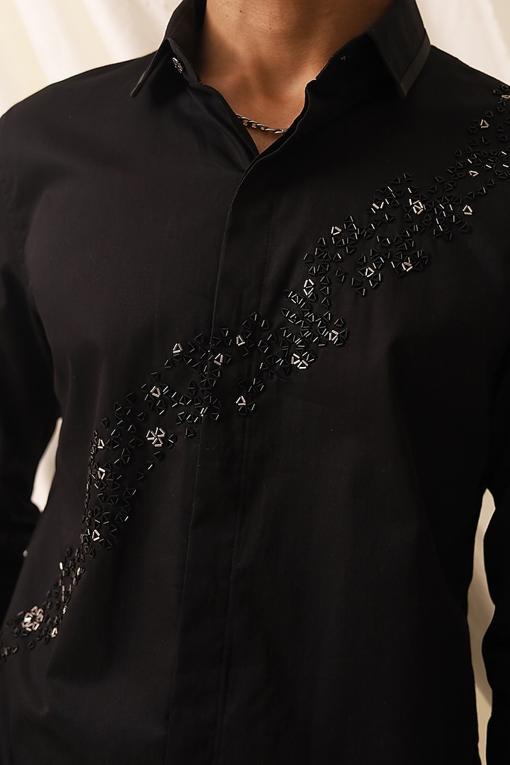 Black Cotton Hand Embroidered Party Wear Shirt by SEVENDC MEN at Pernia's Pop Up Shop