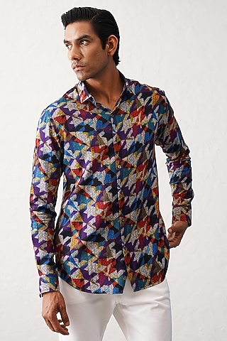 Multi-Colored Cotton Houndstooth Printed Shirt by SEVENDC MEN