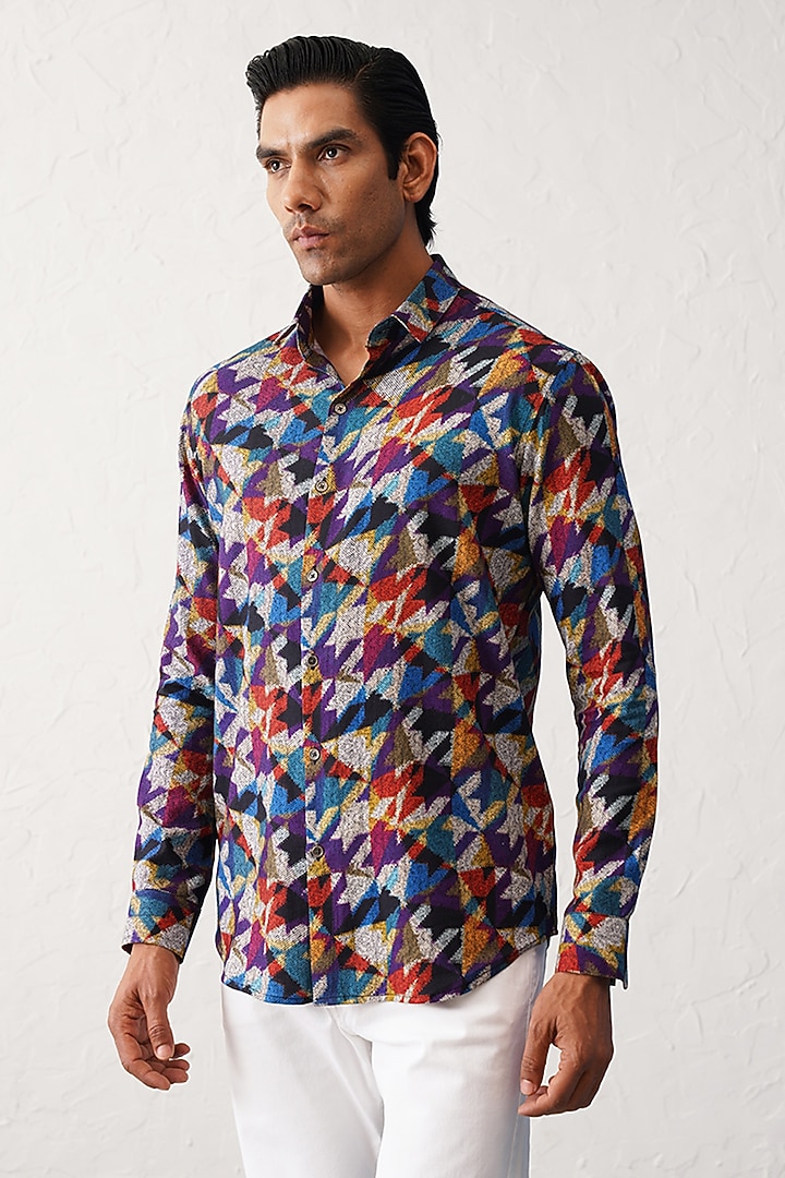 Multi-Colored Cotton Houndstooth Printed Party Wear Shirt by SEVENDC MEN at Pernia's Pop Up Shop