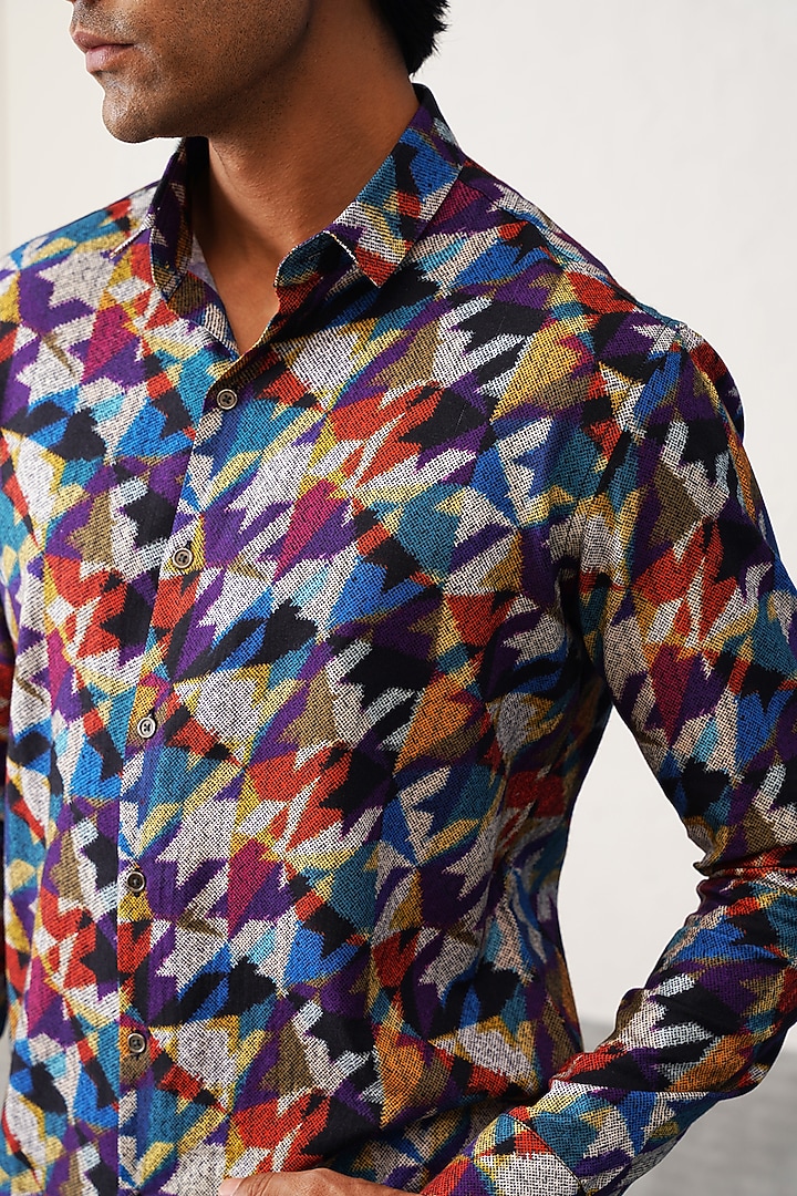 Multi-Colored Cotton Houndstooth Printed Party Wear Shirt by SEVENDC MEN at Pernia's Pop Up Shop
