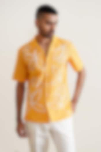 Mustard Yellow Cotton Linen Blend Embroidered Shirt by SEVENDC MEN