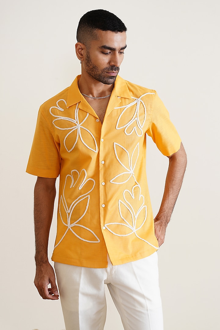 Mustard Yellow Cotton Linen Blend Embroidered Shirt by SEVENDC MEN