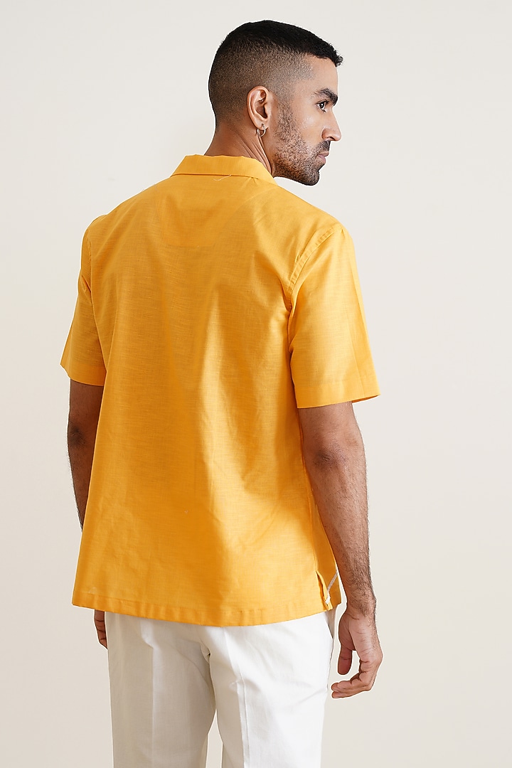 Mustard Yellow Cotton Linen Blend Embroidered Party Wear Shirt by SEVENDC MEN at Pernia's Pop Up Shop