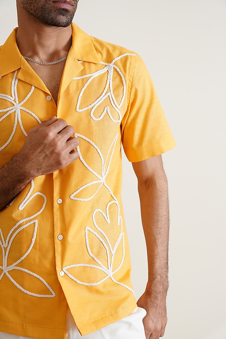 Mustard Yellow Cotton Linen Blend Embroidered Party Wear Shirt by SEVENDC MEN at Pernia's Pop Up Shop