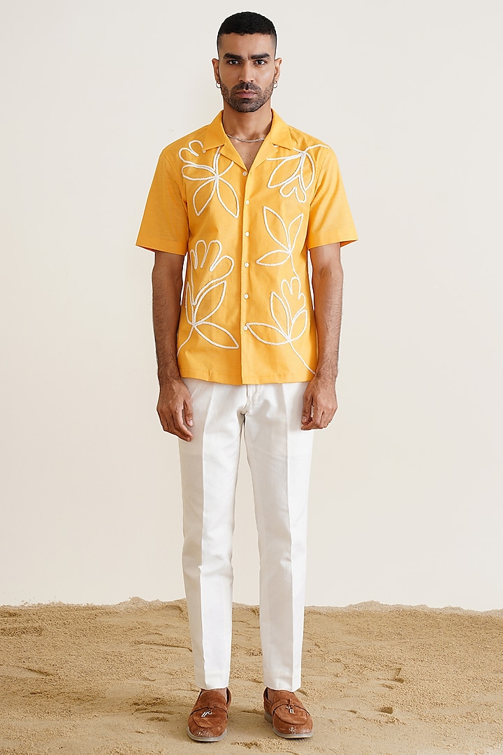 Mustard Yellow Cotton Linen Blend Embroidered Party Wear Shirt by SEVENDC MEN at Pernia's Pop Up Shop