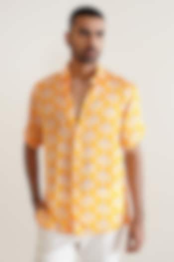 Yellow Cotton Floral Printed Shirt by SEVENDC MEN