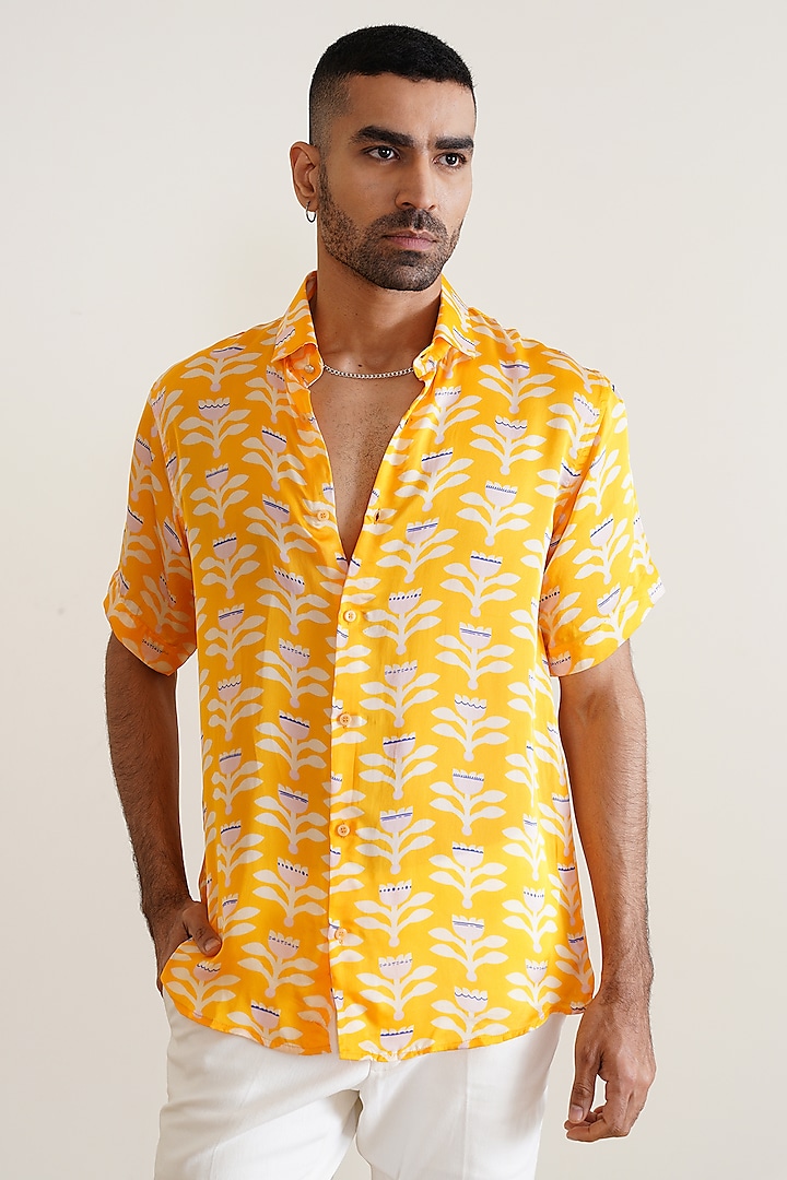 Yellow Cotton Floral Printed Shirt by SEVENDC MEN