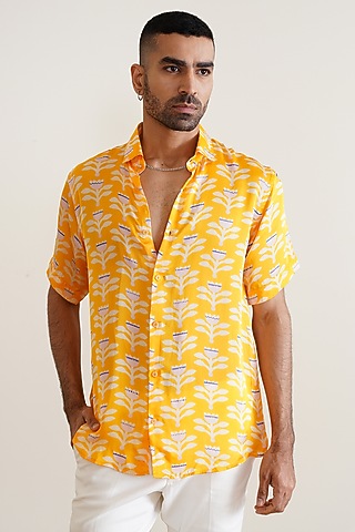 Yellow Cotton Floral Printed Shirt by SEVENDC MEN
