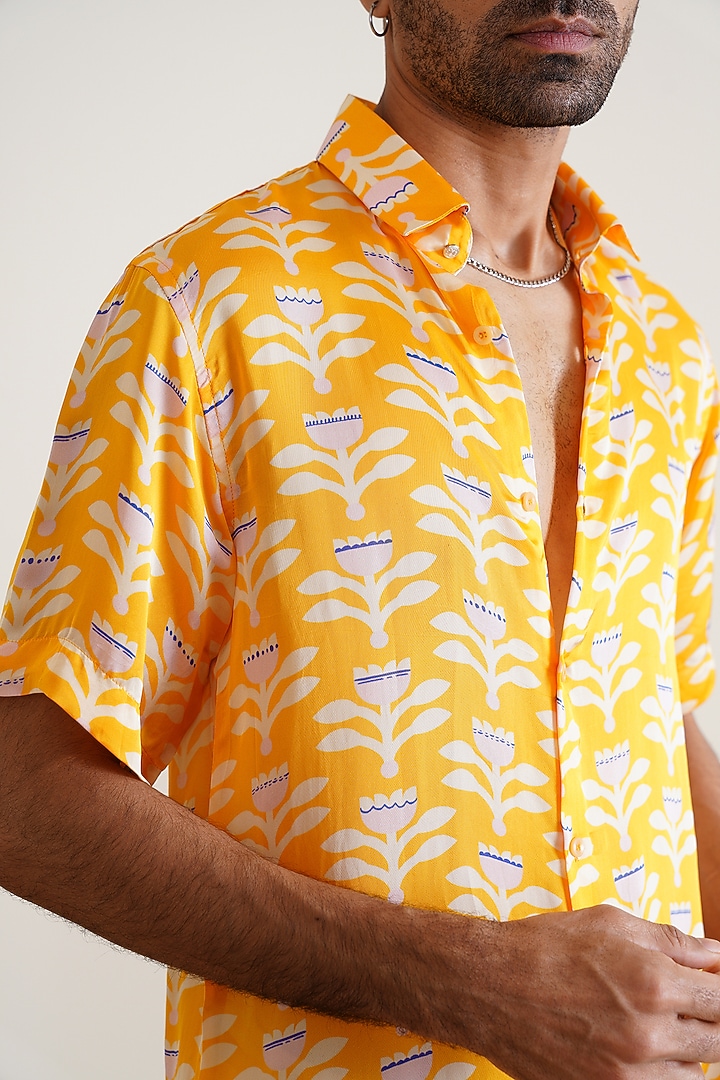 Yellow Cotton Floral Printed Summer Shirt by SEVENDC MEN at Pernia's Pop Up Shop