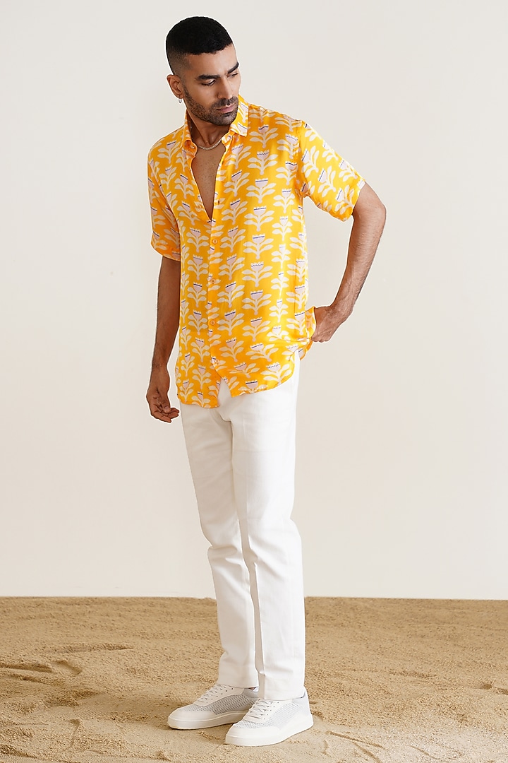 Yellow Cotton Floral Printed Summer Shirt by SEVENDC MEN at Pernia's Pop Up Shop