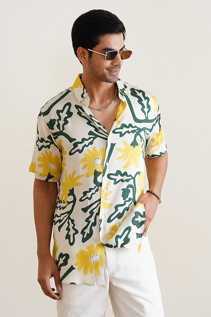 Yellow Cotton Floral Printed Shirt by SEVENDC MEN