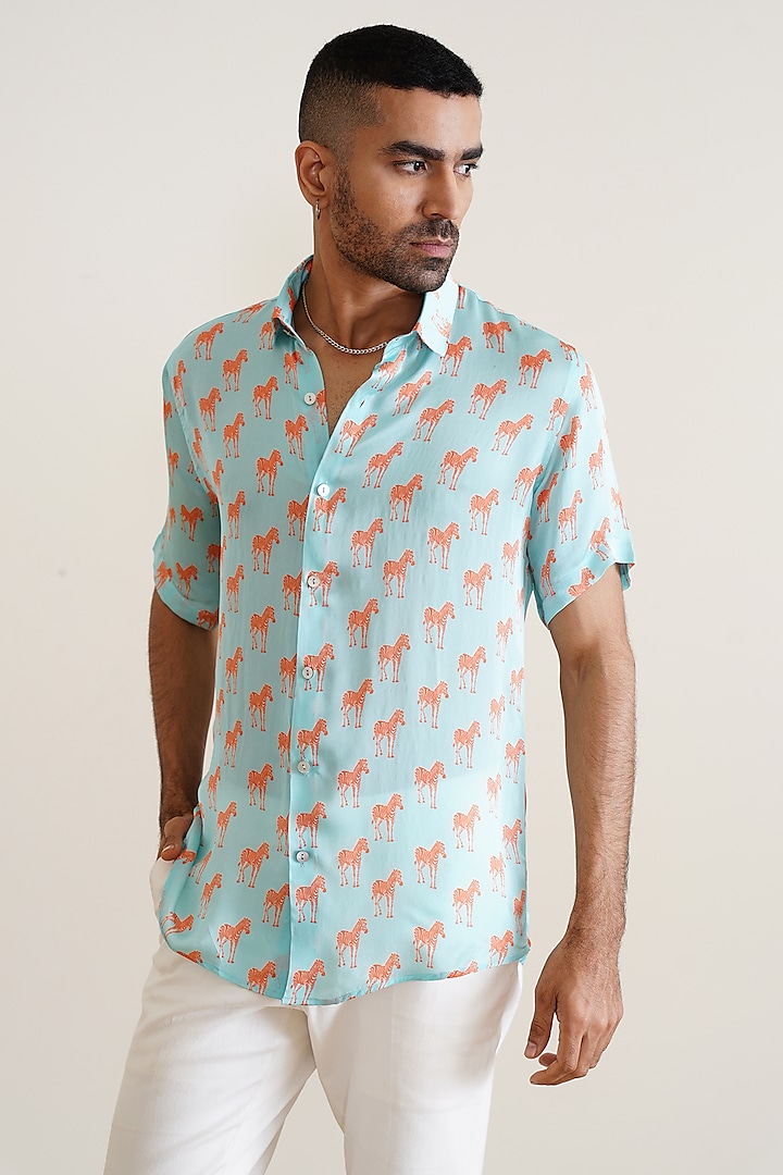 Sky Blue Cotton Printed Summer Shirt by SEVENDC MEN at Pernia's Pop Up Shop