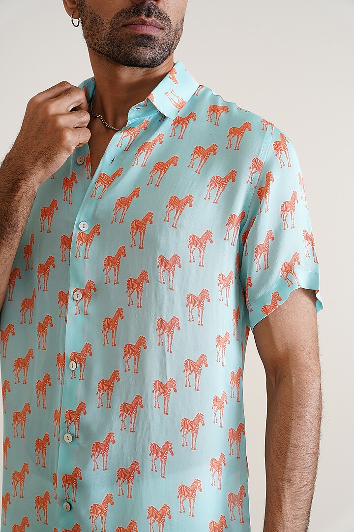 Sky Blue Cotton Printed Summer Shirt by SEVENDC MEN at Pernia's Pop Up Shop